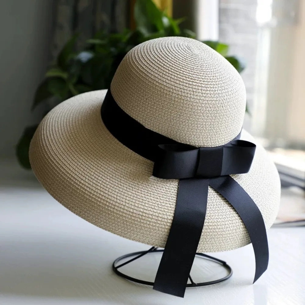 Vintage Breathable Straw Hat Black Ribbon Large Brim Sunshade Hat UV Protection Sun Hat Women LADYLYS