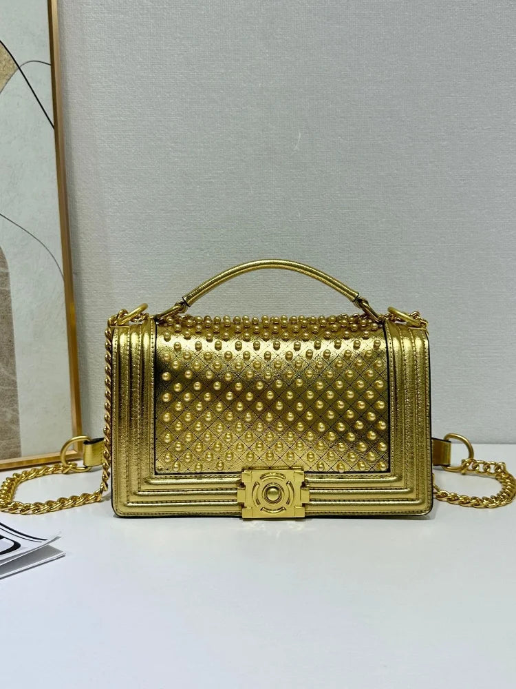 Luxury Designer Inlaid Pearls Lattice Embroidery Women's Shoulder Bag Fashion High-end Handbags Small Square Bag Versatile Purse LADYLYS