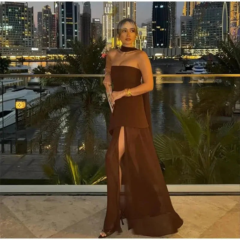 Elegant Strapless Ribbon Long Vintage Mesh Corset Maxi Dresses LADYLYS