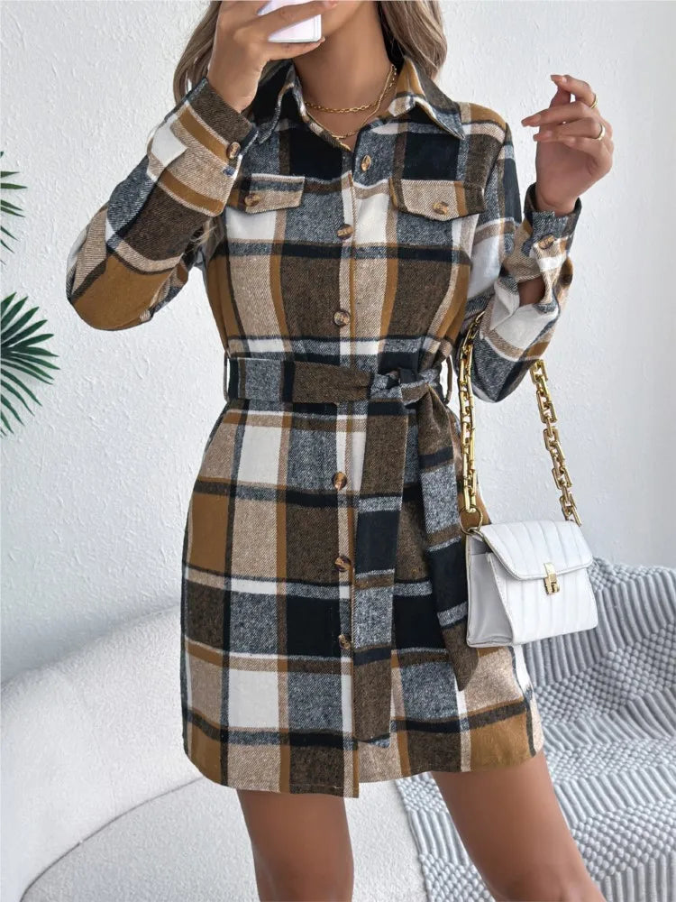 Women's Plaid Shirt Dress – Long Sleeve Belted A-Line Knee-Length Dress | Retro Casual Style