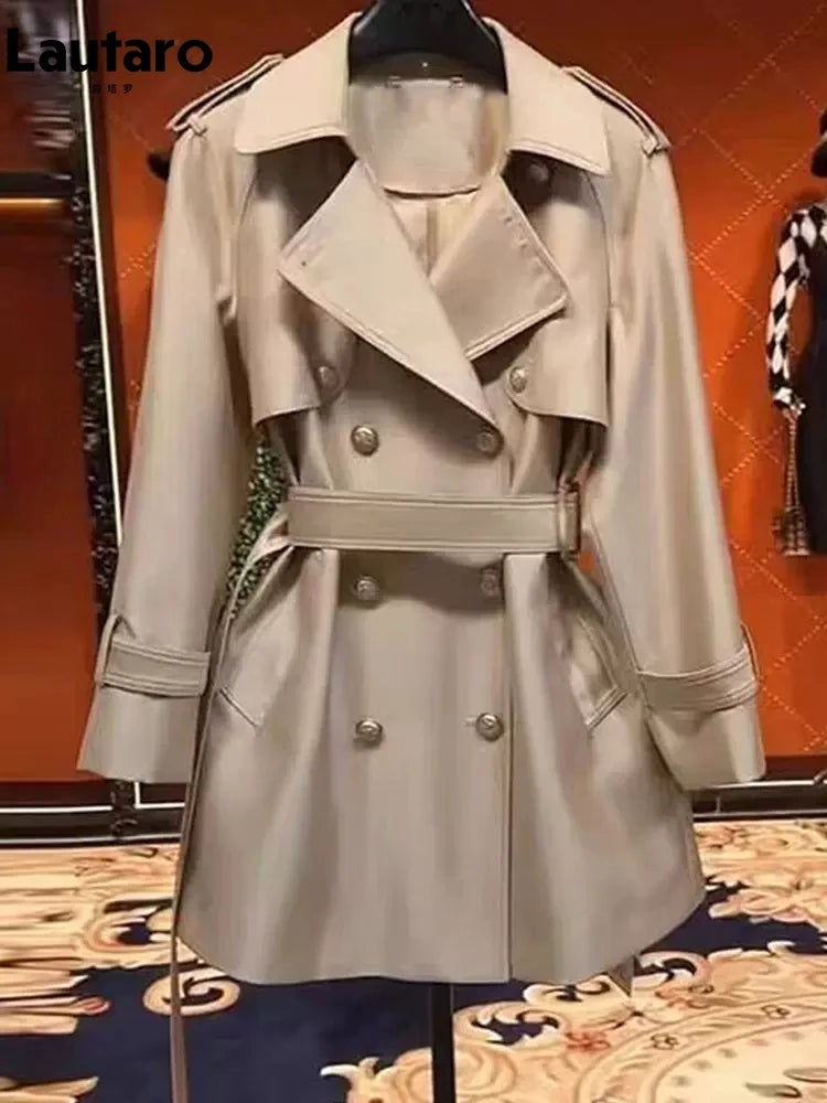 Women's Khaki Satin Trench Coat – Double-Breasted, Belted, Elegant Fit