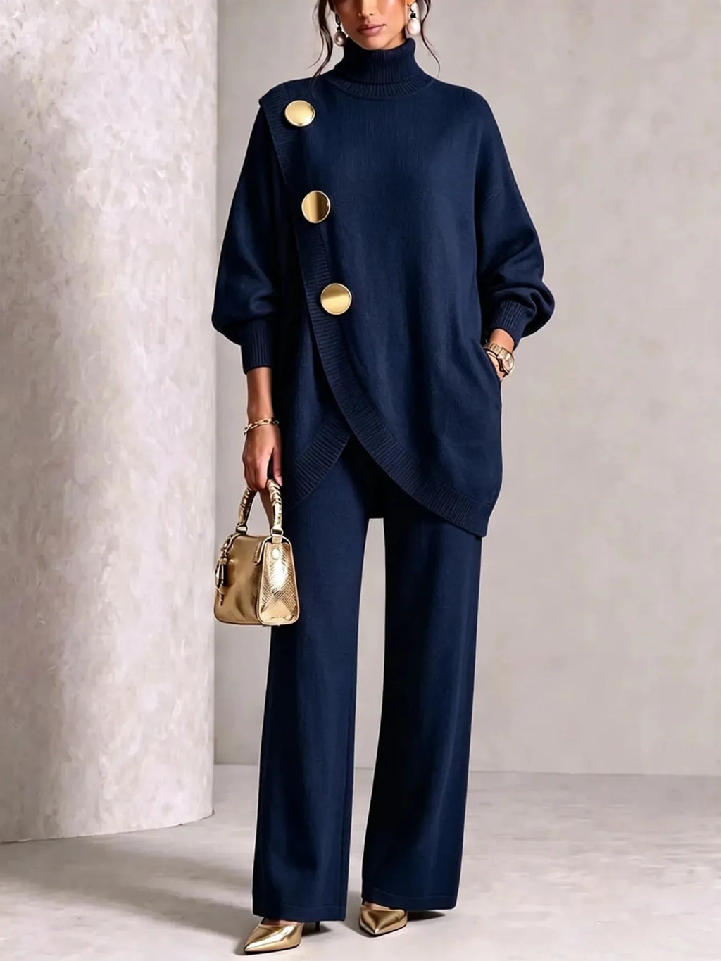 Women's Knit 2-Piece Set: Turtleneck Sweater and Wide-Leg Trousers