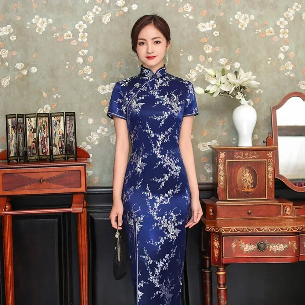 Printed Short-Sleeve Qipao-Inspired Midi Dress