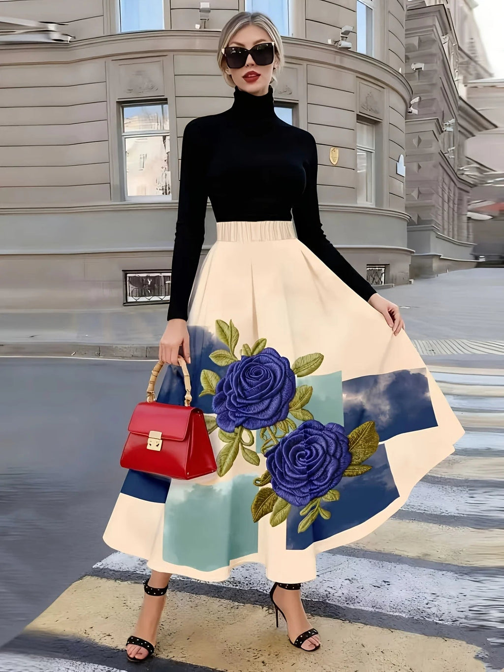 Elegant Women Midi Skirt with Rose Embroidery and Floral Print LADYLYS