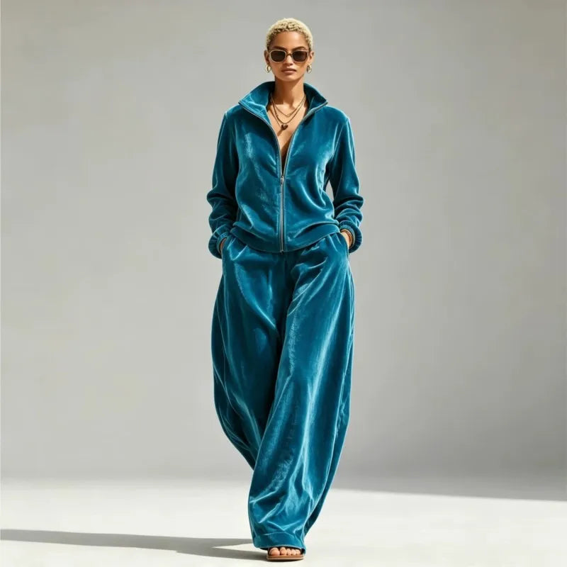 Women's Velvet Two-Piece Set with Wide-Leg Pants