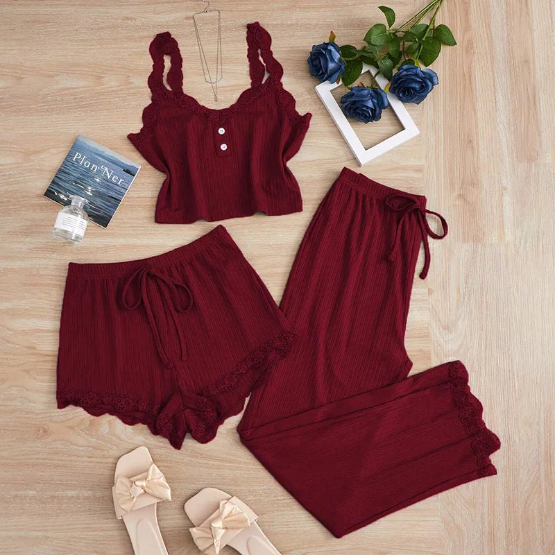 3PCS Pajama Sets Solid Vest Shorts and Pants Paired with Lace Splicing LADYLYS