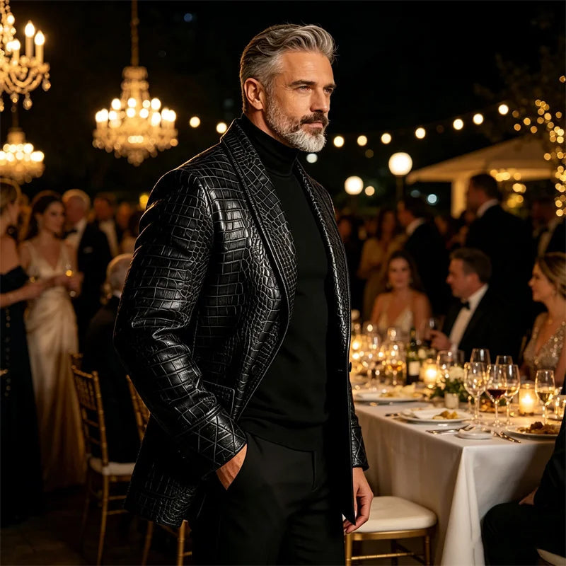 Men's Luxury Shawl Lapel Blazer Crocodile Embossed Leather LADYLYS