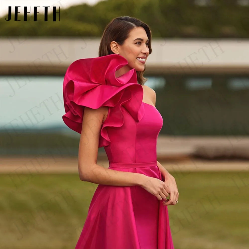 JEHETH Satin One Shoulder Mermaid Evening Dress for Woman Side Split Detachable Train Formal Party Dresses Fuchsia Customized LADYLYS