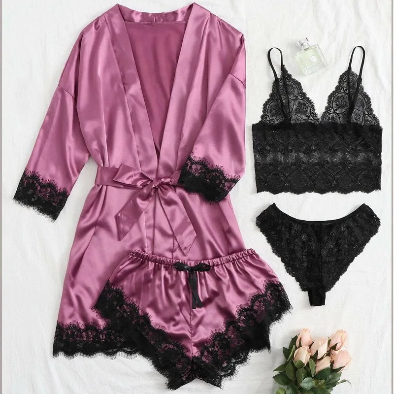 Pajama Fashion 4-piece Set Lace Satin Strap Sexy, Comfortable LADYLYS
