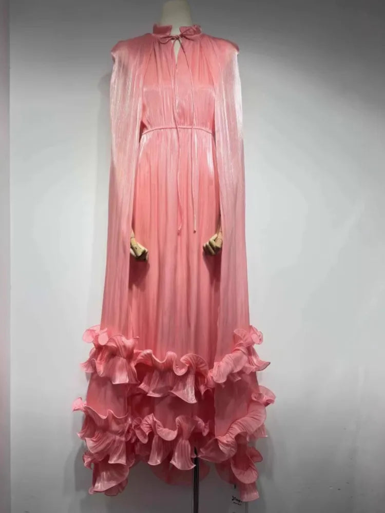 Women's V-Neck Cape Sleeve Maxi Dress – Ruffle Edge, A-Line Floor-Length