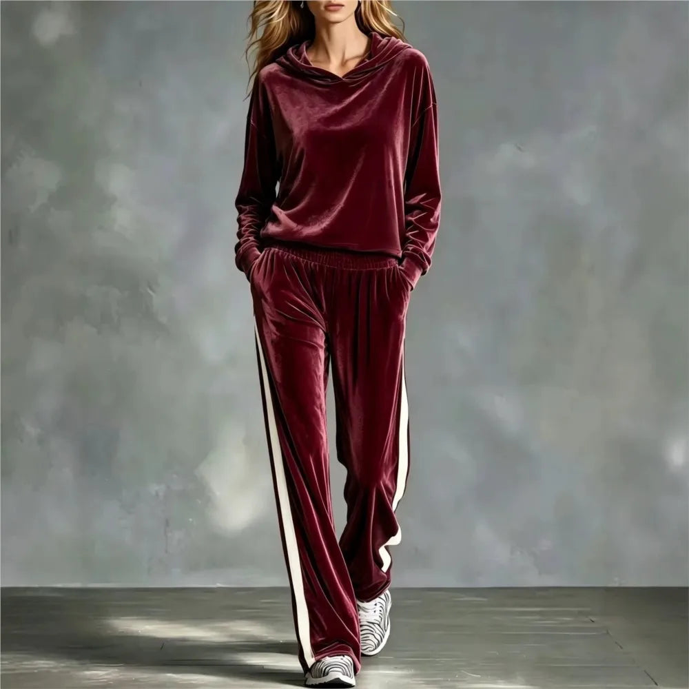 Women's 2-Piece Hooded Sweatshirt & Trouser Set – Patchwork, Casual Loose Fit