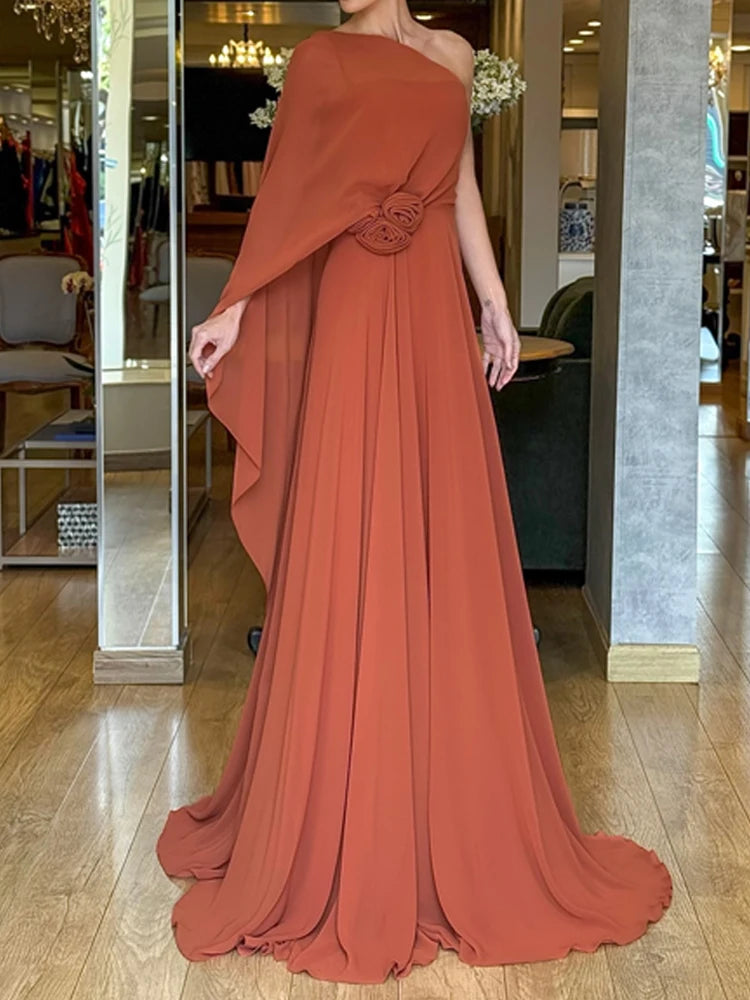 Women's Sexy Slant Shoulder Pleat Long Dress Fashion Flower Dimensional Solid Party Dress Casual Long One Shoulder Gowns Dress LADYLYS