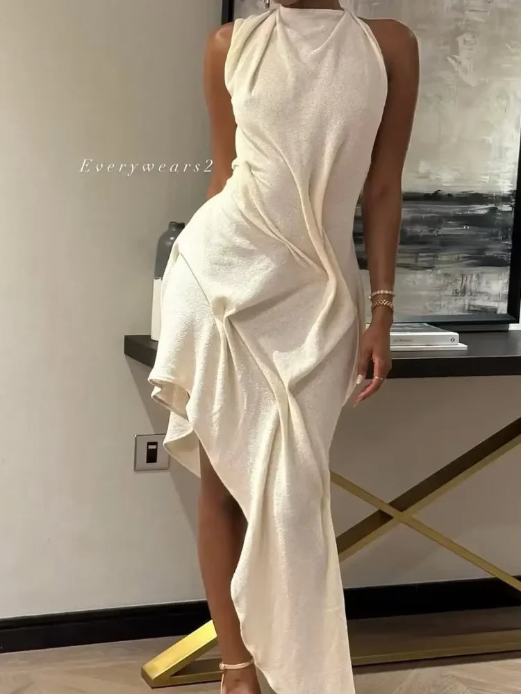 Asymmetrical Ruched Halter Mini Dress – Sleeveless Elegant Evening Party Dress