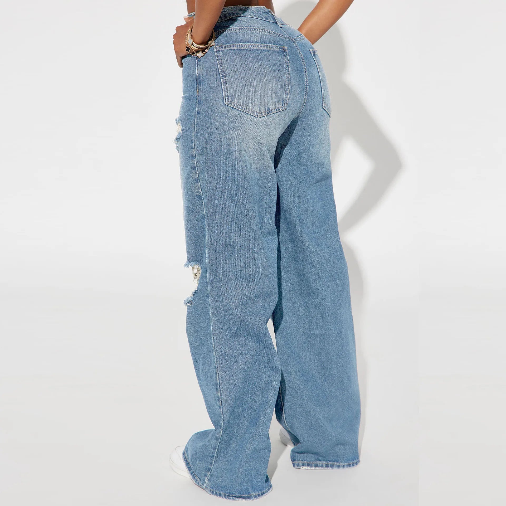 Wide-leg Jeans Washed Holes Loose Casual Floor-length Jeans Women LADYLYS