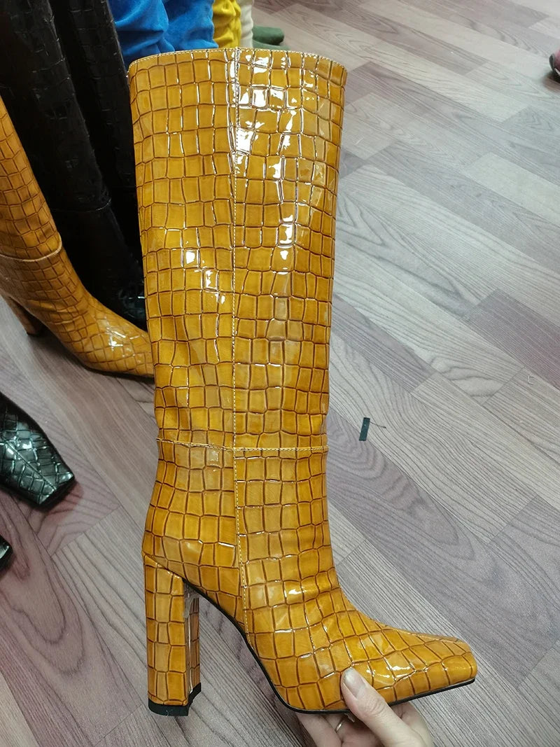 Women's Patent Leather Knee-High Boots – Thick Square Heel Slip-On Winter Boots in 21 Colours
