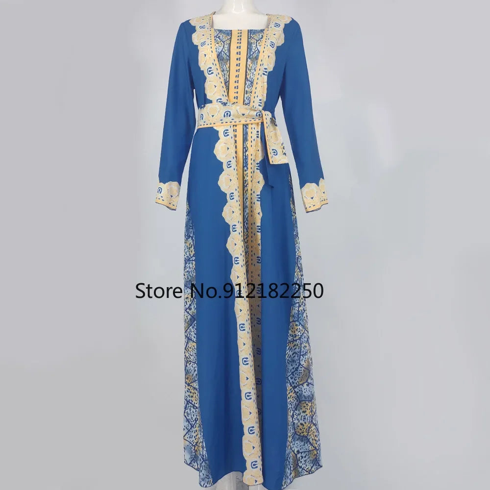 Ensemble 2 pièces pour femme musulmane, caftan marocain personnalisé, robe + abaya imprimée avec ceinture Matutina-Chic