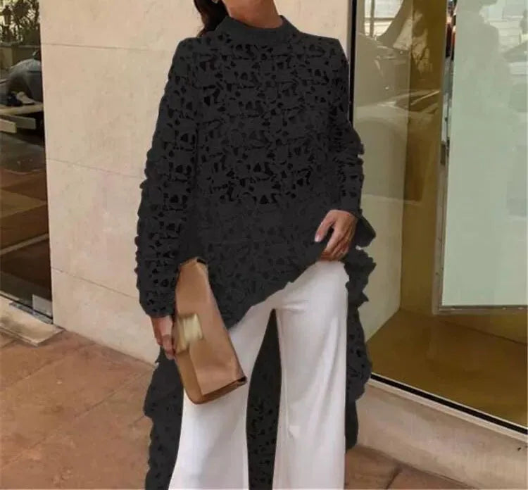 Women's Hollow Crochet Lace Shirt — Loose Long Sleeve Casual Top LADYLYS
