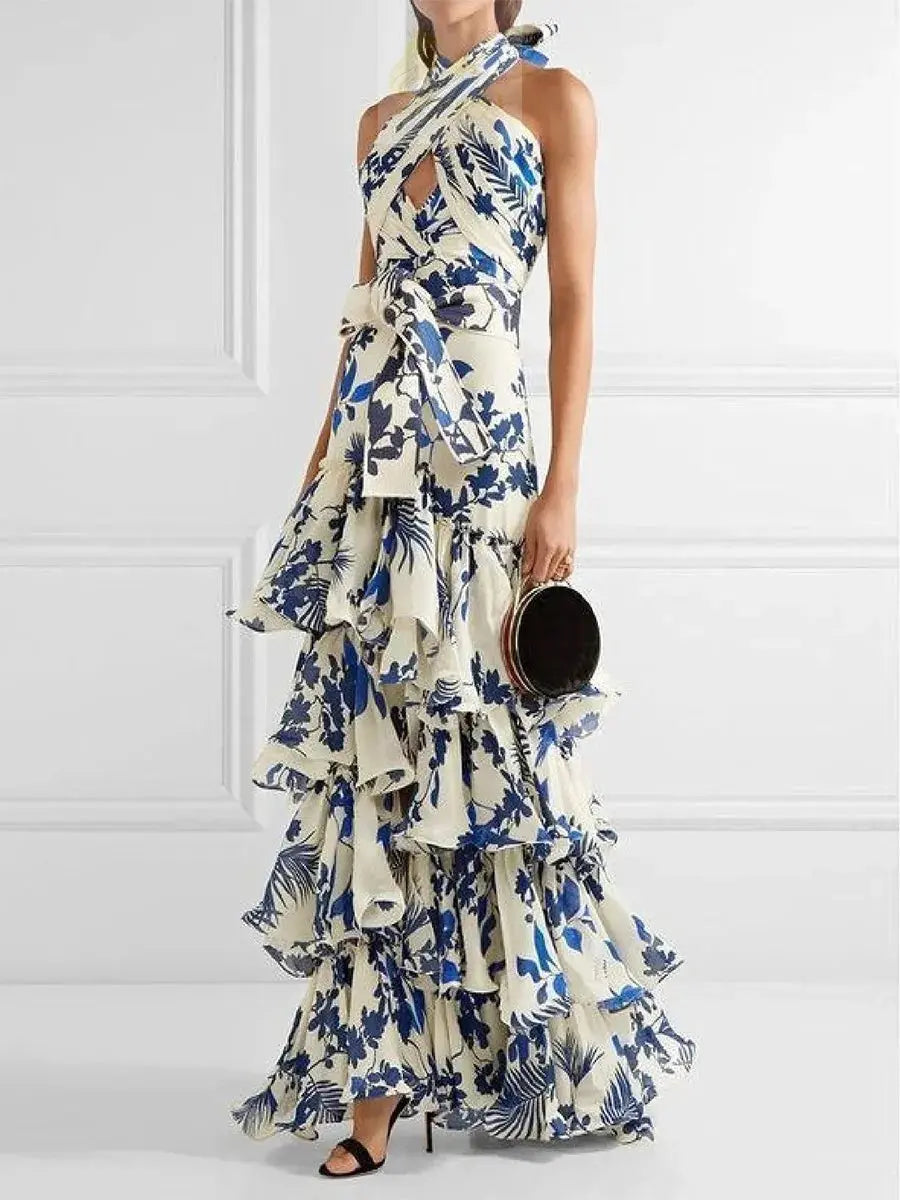 Elegant Womens Dress Floral Print Halter Neck Leace-up Off Shoulder LADYLYS
