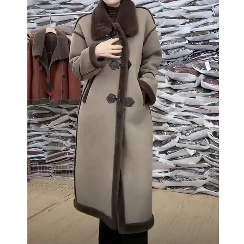 Women's Long Textured Coat with Toggle Fastening