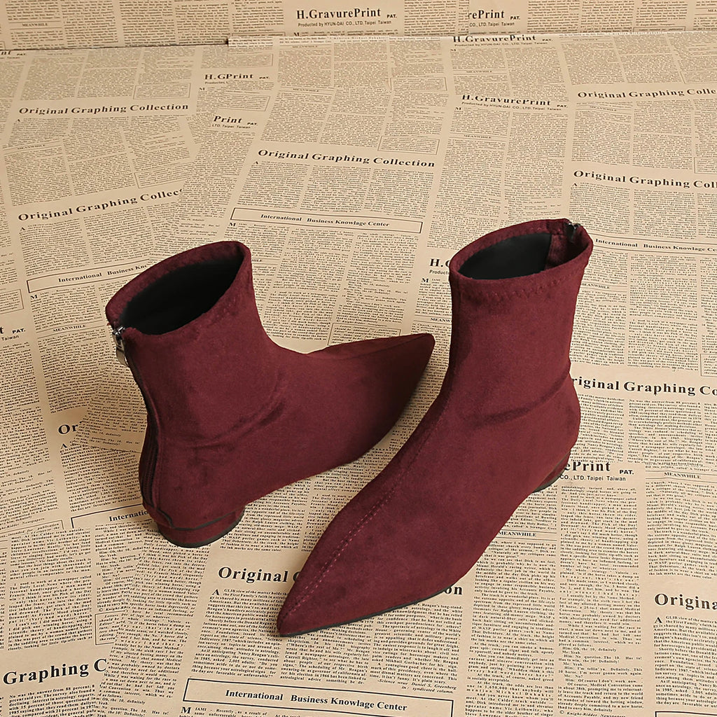 Women's Faux Suede Pointed Toe Mid-Calf Boots – Warm Flannel Lining, Low Heel