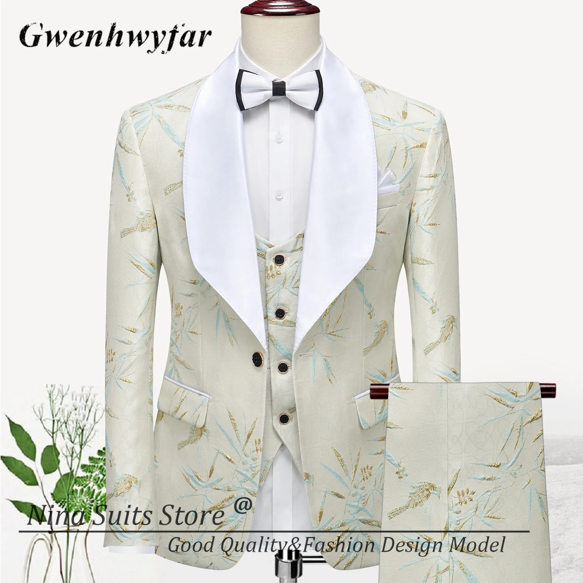 Men Suits Cashew Flower Jacquard Tuxedos Groom Wear Formal Party Suit LADYLYS