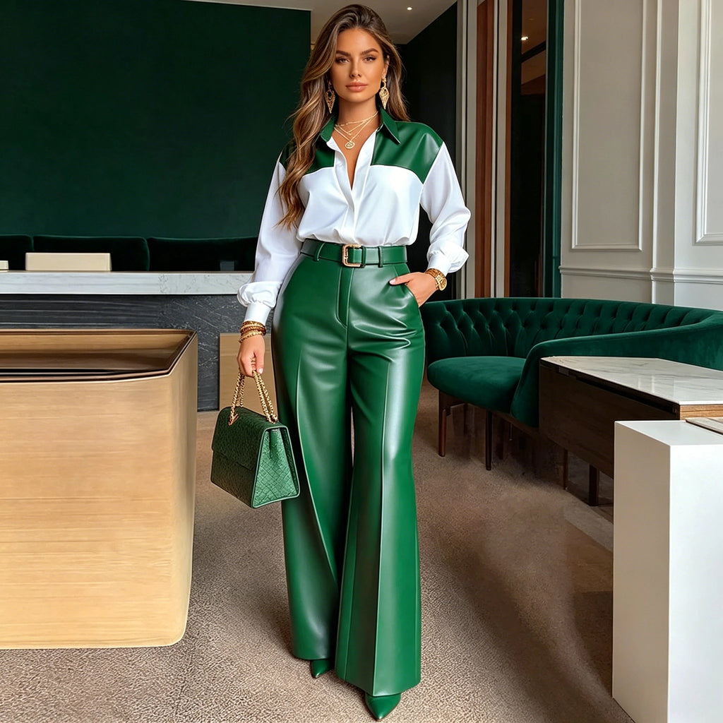 Women's 2-Piece Set: Long Sleeve Shirt and Wide-Leg Faux Leather Trousers