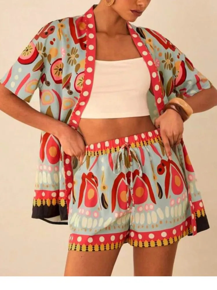 Casual Printed Cardigan Short-sleeved Top Shorts Two-piece Set LADYLYS