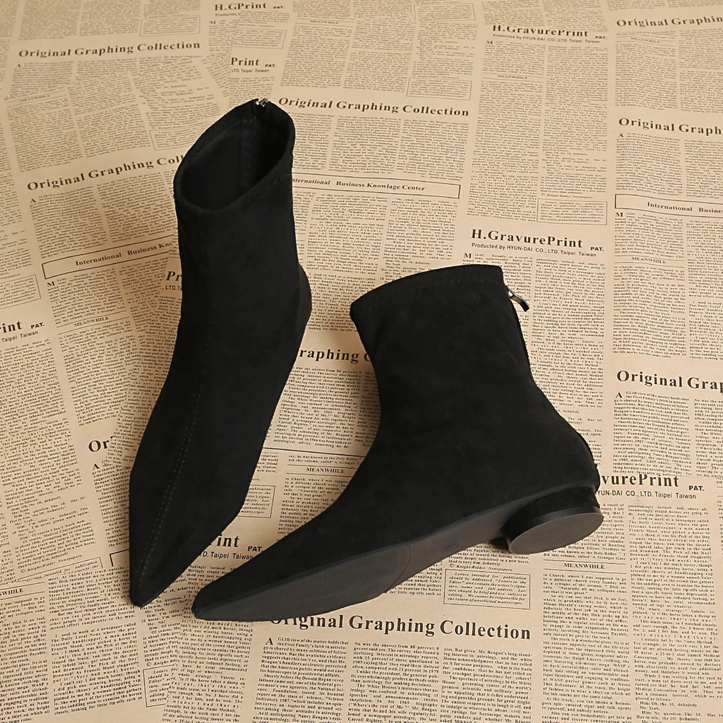 Women's Faux Suede Pointed Toe Mid-Calf Boots – Warm Flannel Lining, Low Heel