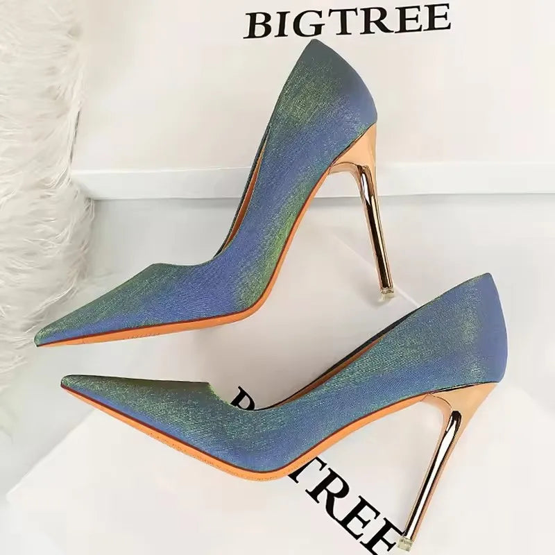 Women's Satin Stiletto Pumps – Pointed Toe Super High Heel Party Shoes with Bling Detail
