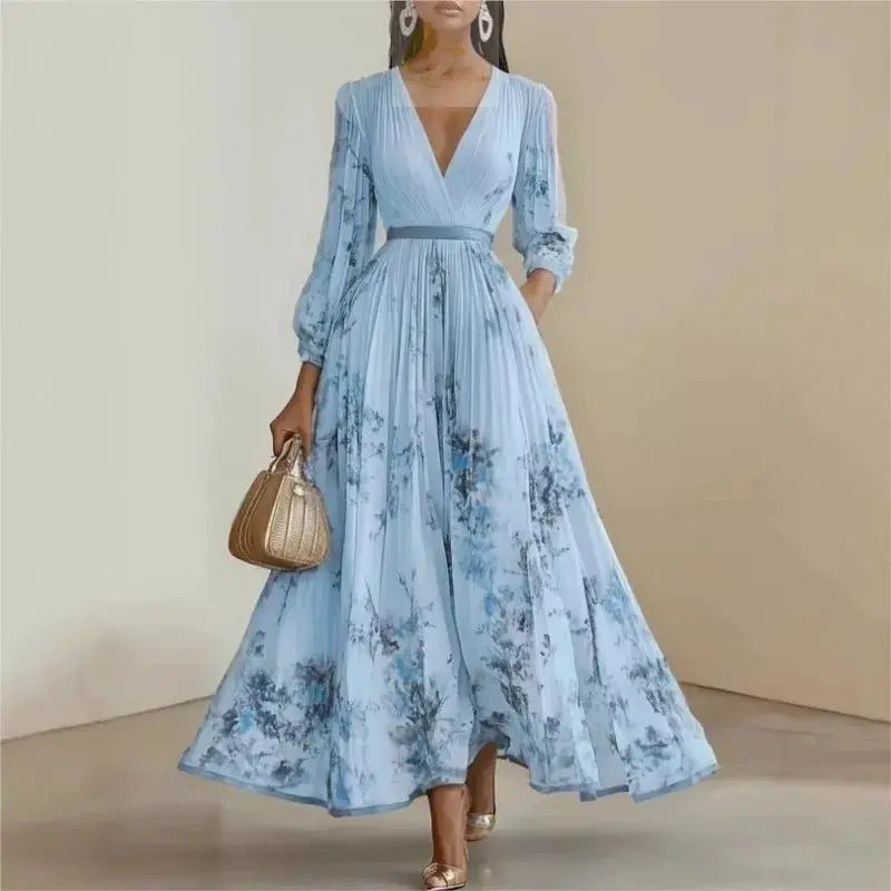 Pleated Dress New Spring Autumn Florat Printed Deep V-neck Long-sleeved Fashion Maxi Elegant LADYLYS