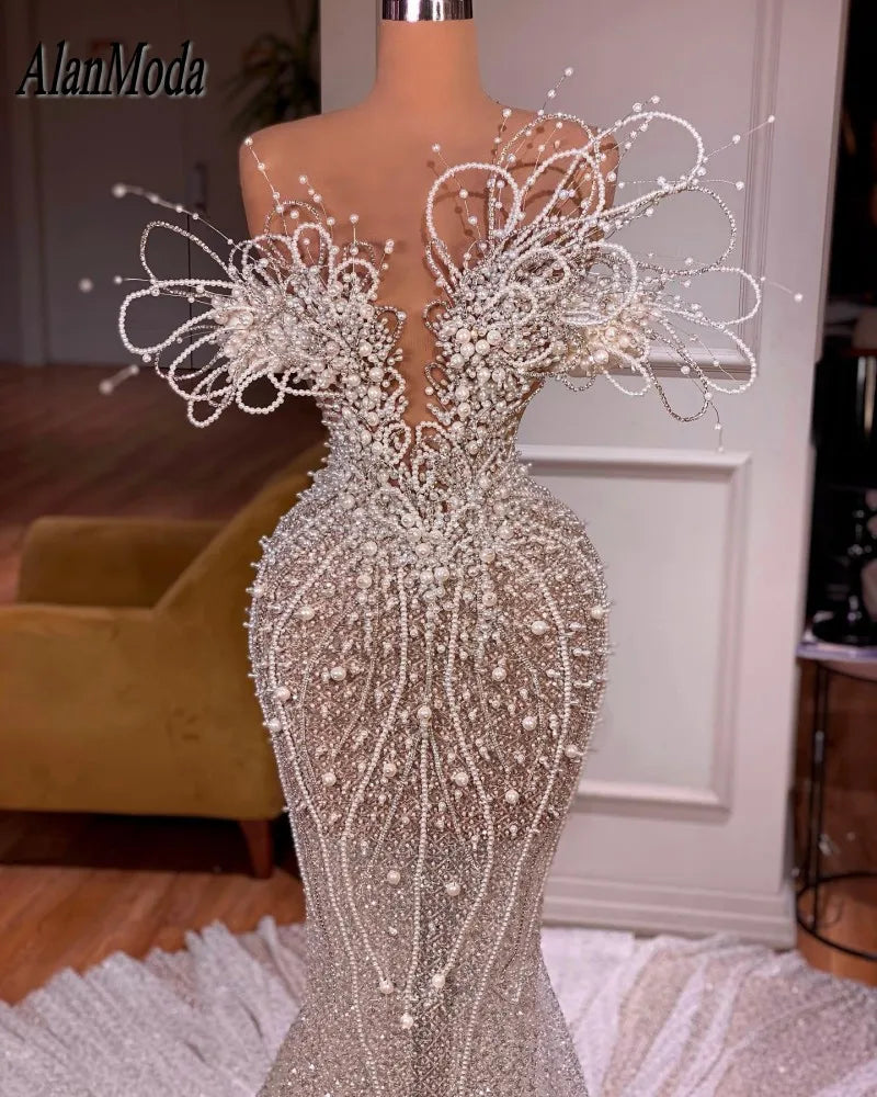 Evening Dress Gowns Shiny Pearls Dubai Prom LADYLYS