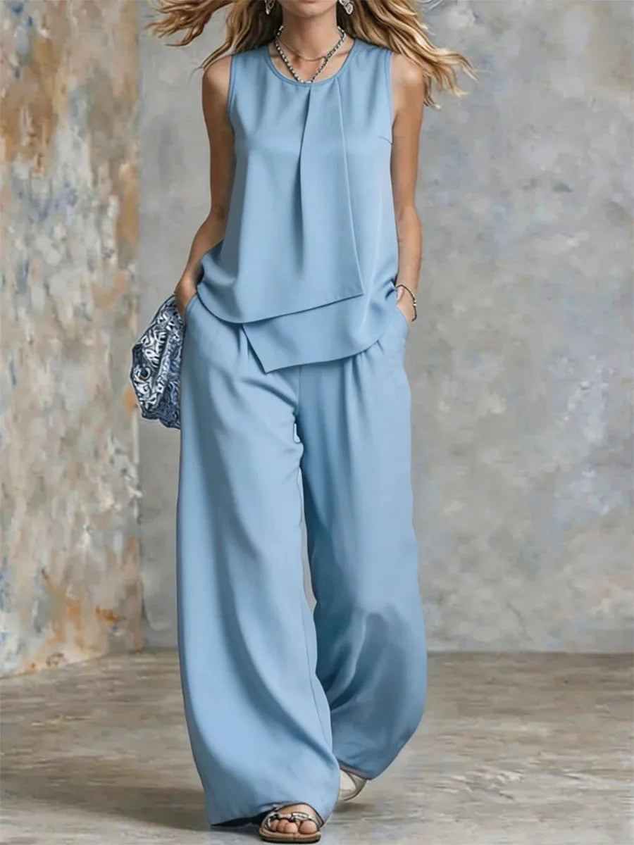 Women's Summer 2-Piece Outfit – Solid Sleeveless Top & Irregular Hem Skirt