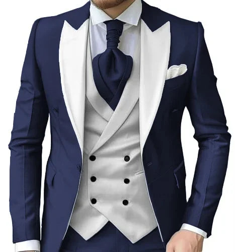 Men's Slim-Fit Three-Piece Suit with Peak Lapels
