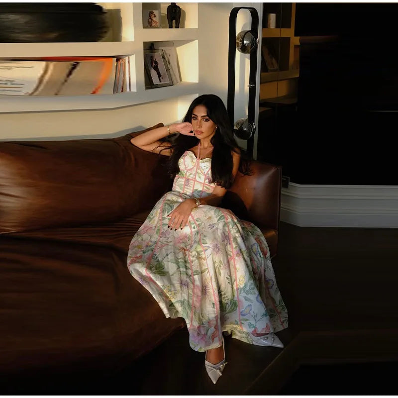 Floral Print Halter Neck Corset Waist Maxi Dress Elegant LADYLYS