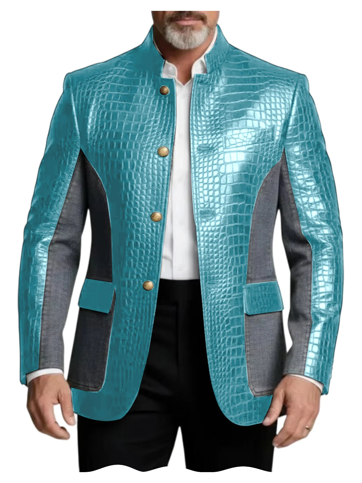 Men's Crocodile Embossed Leather Brown Jacket Patchwork Denim Luxury PU LADYLYS