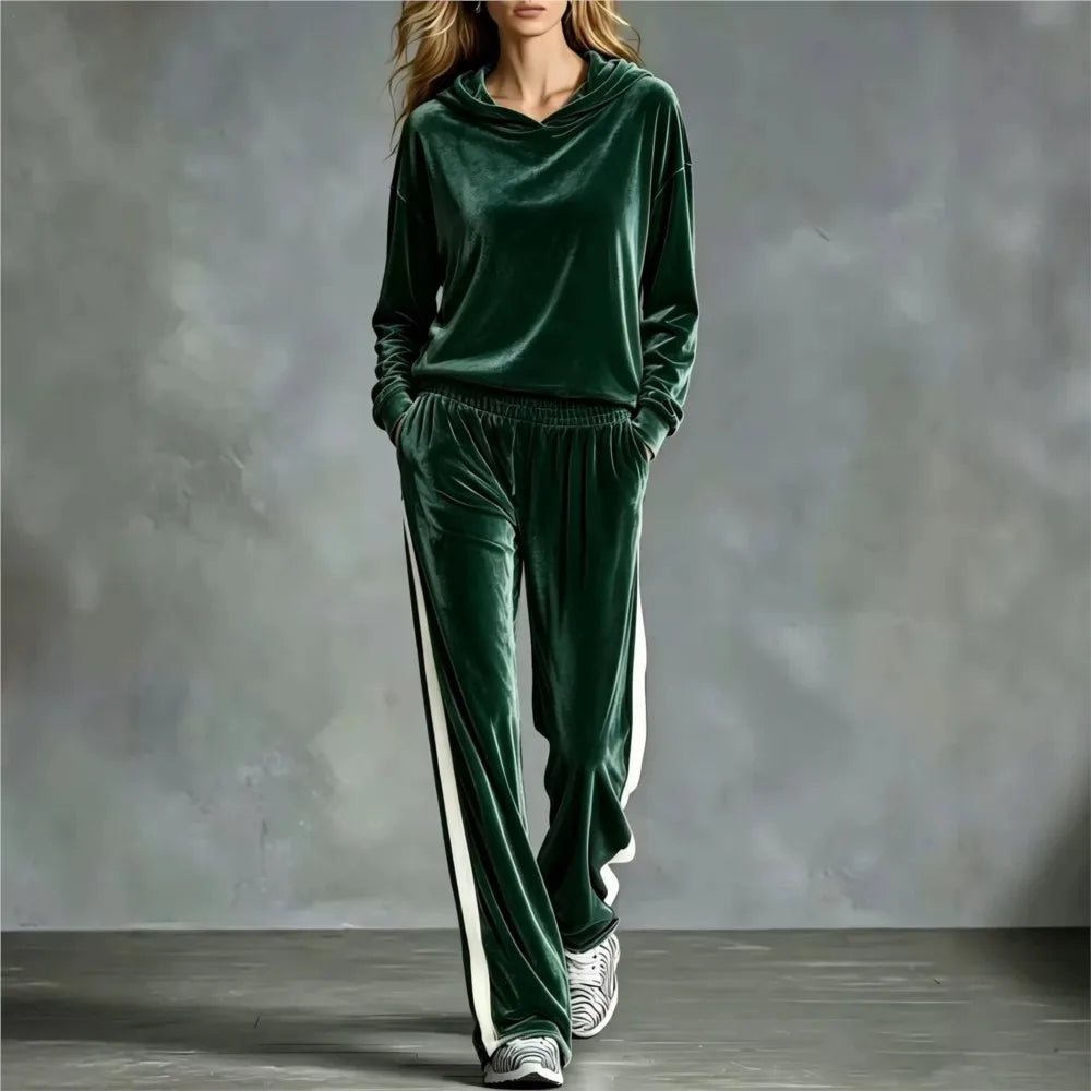 Women's 2-Piece Hooded Sweatshirt & Trouser Set – Patchwork, Casual Loose Fit