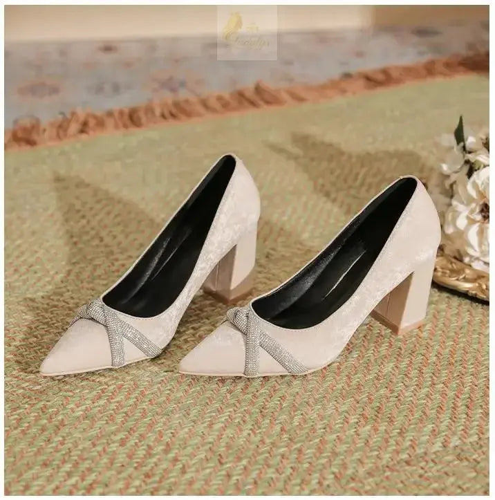 Chunky Heel Pointed Toe Rhinestone Suede High-heeled Shoes Women Block Heel Pumps LADYLYS