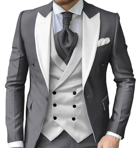 Men's Slim-Fit Three-Piece Suit with Peak Lapels