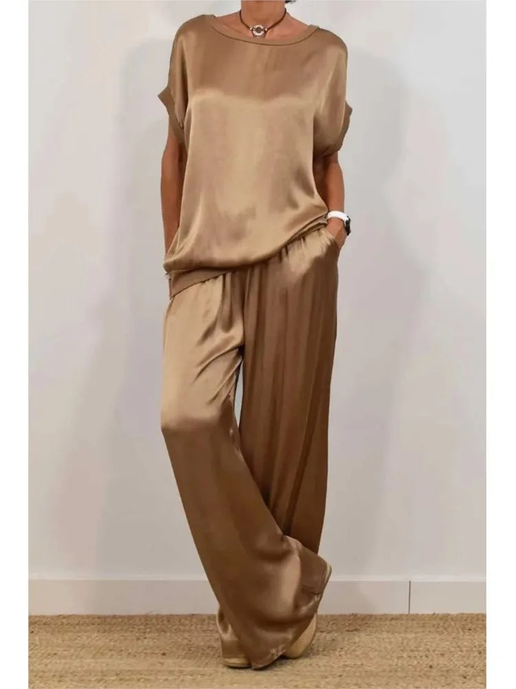 2-piece Set Fashion Satin O Neck T-shirt Top Trousers Summer Retro Elegant LADYLYS