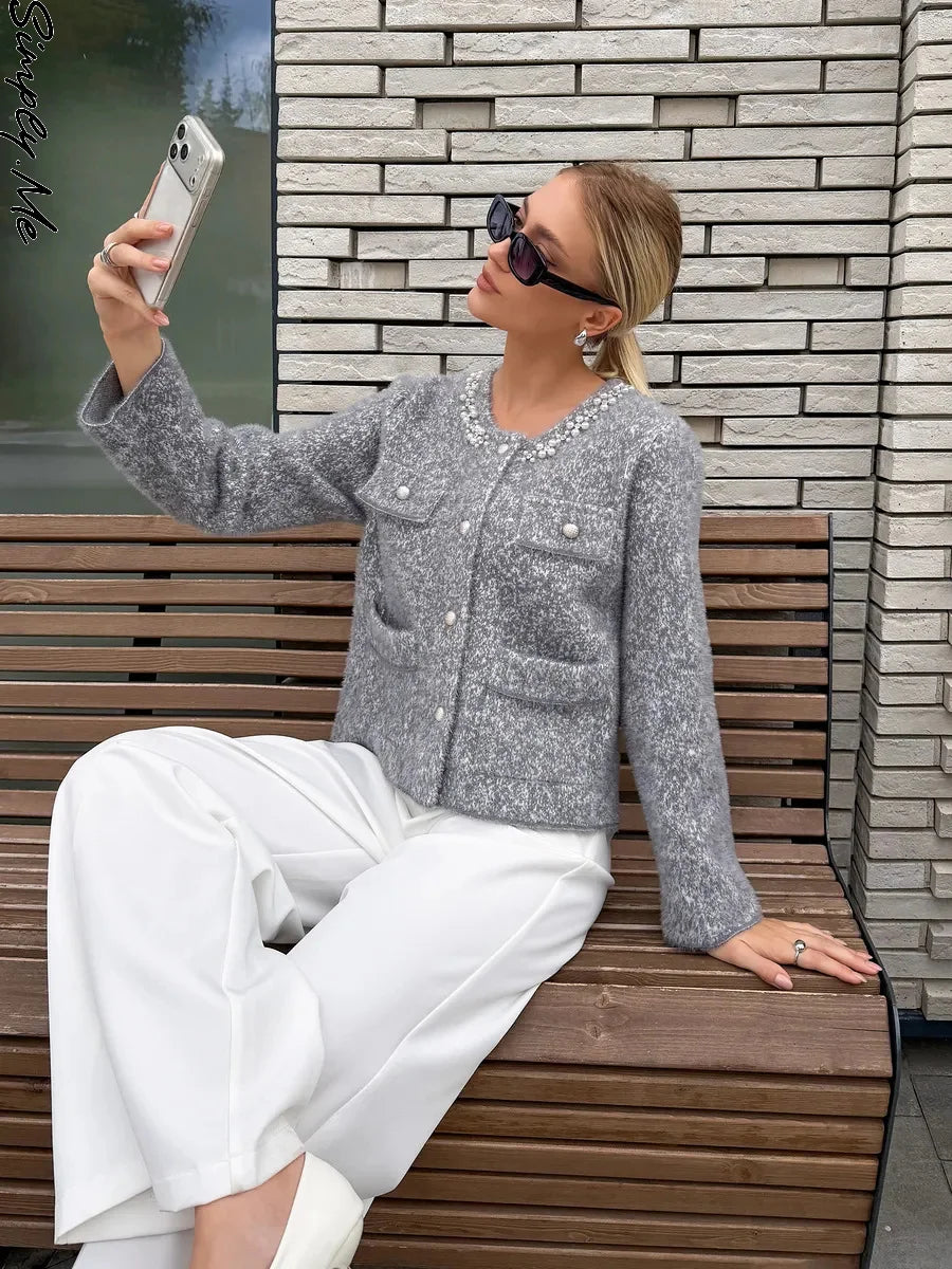 Women's Grey Knit Cardigan with Faux Fur Collar and Pearl Trim