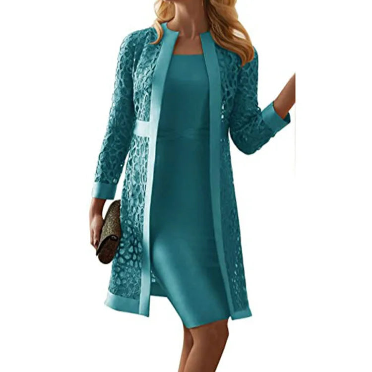 Women's 2-Piece Set – Floral Lace Long Sleeve Cardigan & Solid Sleeveless Mini Dress | Elegant Casual Outfit