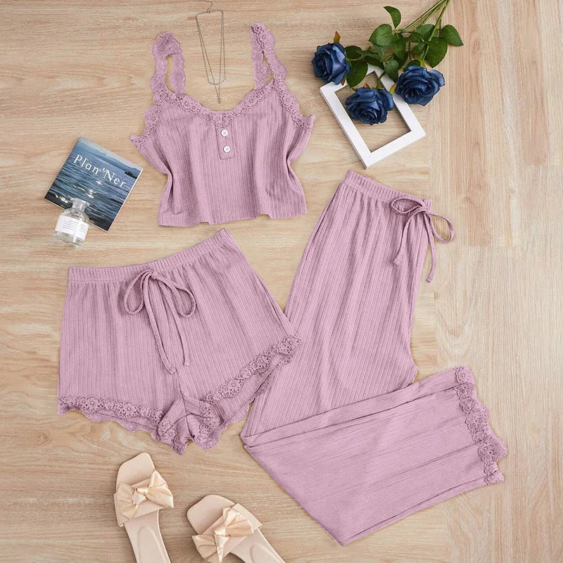3PCS Pajama Sets Solid Vest Shorts and Pants Paired with Lace Splicing LADYLYS