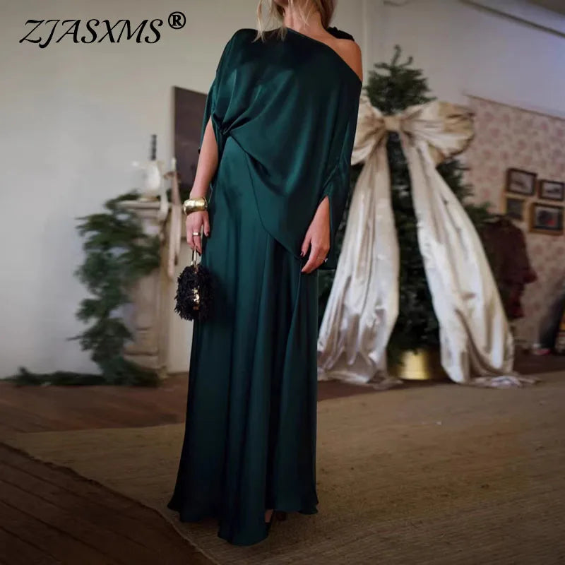 Elegant Solid Evening Gown Set Sexy Skew Collar Top Pullover & Long Dress Suit LADYLYS