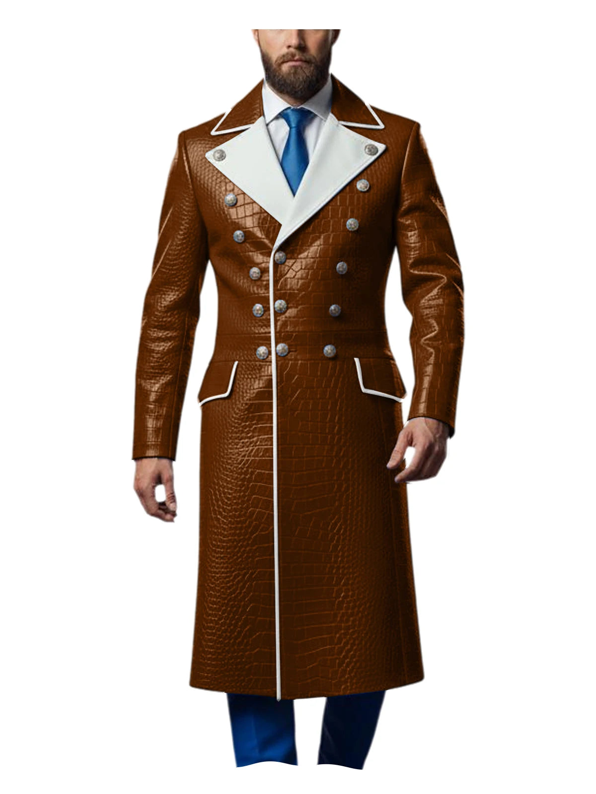 Men's Croc-Embossed Faux Leather Double-Breasted Overcoat with Contrast White Lapels
