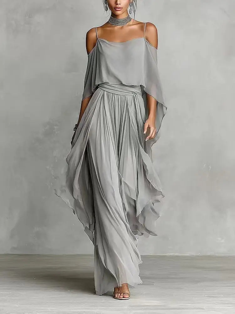 Summer Fashion Solid Chiffon Dress Elegant Off Shoulder Strap Bat Sleeve High Waist Long Dress Women Wedding Guest Outfits LADYLYS
