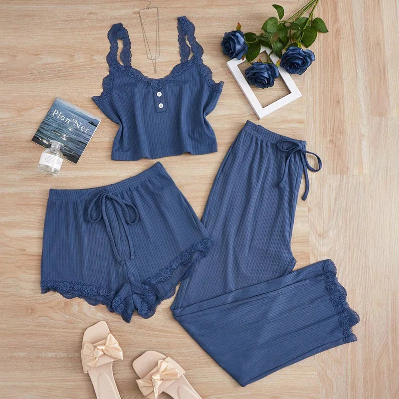 3PCS Pajama Sets Solid Vest Shorts and Pants Paired with Lace Splicing LADYLYS
