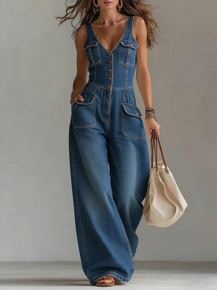 Sexy V Neck Button Denim Jumpsuit Elegant Solid High Waist Woman Romper 2026 Spring Summer Sleeveless Vacation Beach Overalls LADYLYS