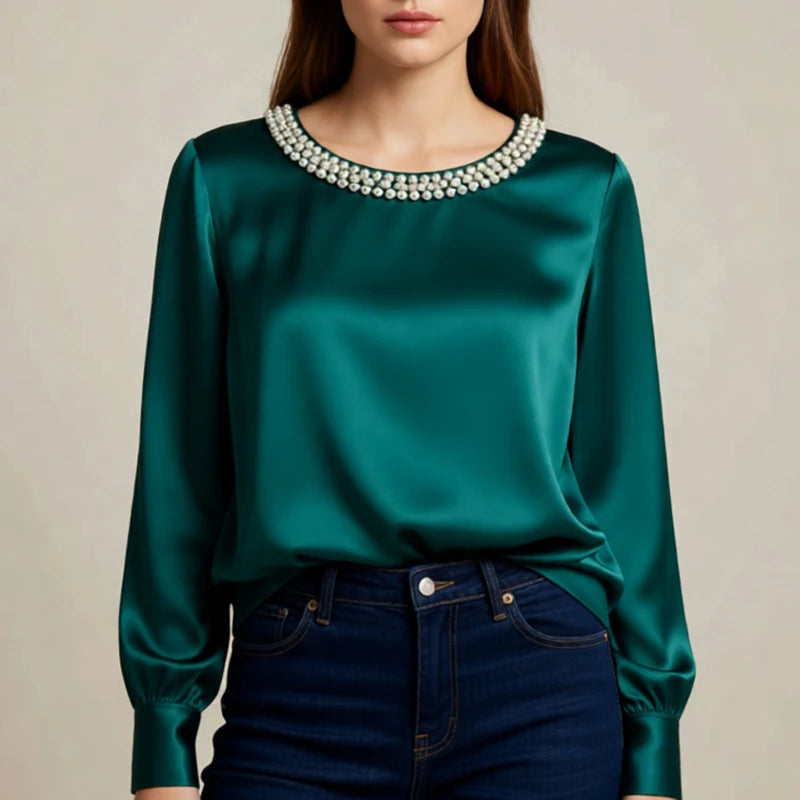 Elegant Satin Shirt Women Spring Autumn Bead Design Long Sleeve Silk Blouse Women Fashion O Neck Loose Pullover Tops LADYLYS