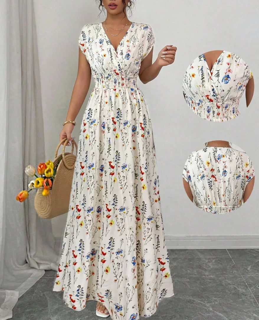 Printed V-Neck Short Sleeve Midi Dress – Lace-Up Waist Casual Summer Dress