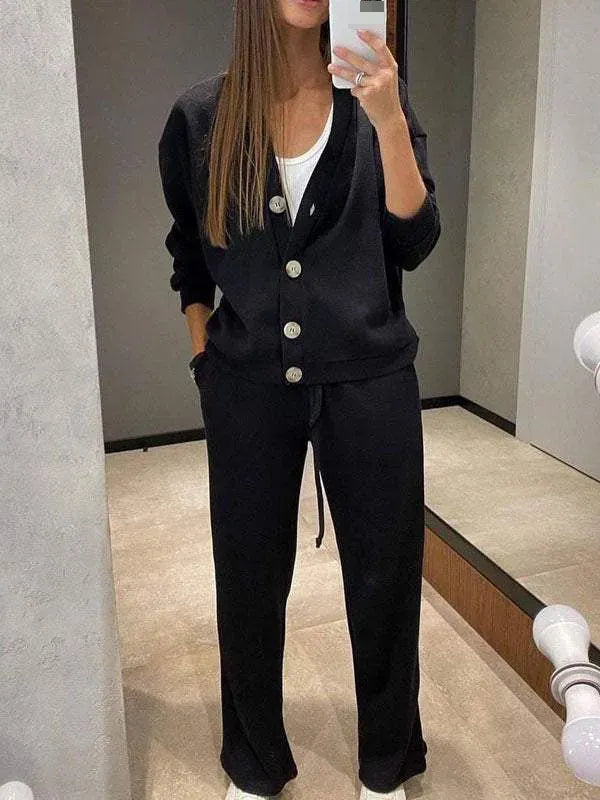 Women's Button-Front Cardigan & Tie-Waist Trousers Set